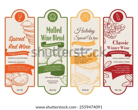 Various labels detailing spiced red wine, mulled wine blend, holiday spiced wine, and classic winter wine, highlighting ingredients like apple, nutmeg, and cranberry.