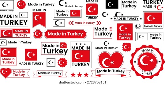 Varias etiquetas y logotipos que muestran productos hechos en Turquía en diferentes diseños y formatos