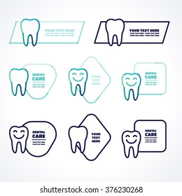 Various labels with teeth and place for text. Square, rectangular, triangular, rhombic shapes. Transparent overlapping linear illustration. Green, blue, turquoise, linear tooth symbol, icon, logo
