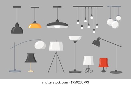 Various lamps flat pictures collection. Cartoon modern chandeliers, light pendants and ceiling lamps with bulbs isolated vector illustrations. Interior design elements and furniture concept