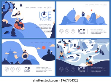 Various landing page templates about ice tubing and winter activities on donut drawn in blue color with happy characters