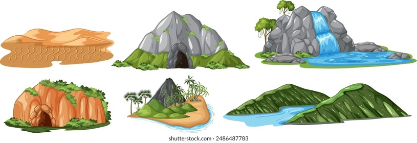 Various landscapes including mountains, caves, and waterfalls