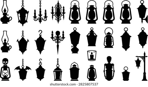 Various lantern and candle holder silhouettes; dark, ornate; transparent.