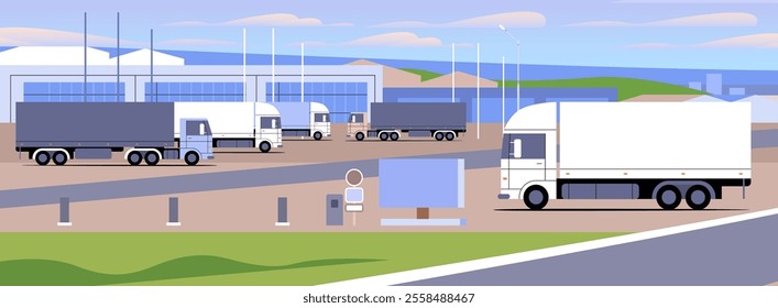 Various large semi-trucks at modern logistics center flat vector illustration. Rest parking lot area for truck drivers simple banner