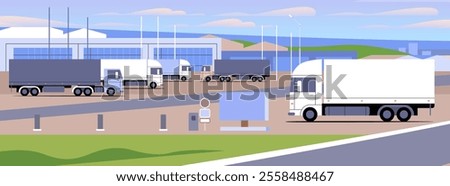 Various large semi-trucks at modern logistics center flat vector illustration. Rest parking lot area for truck drivers simple banner