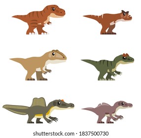 Various large theropod dinosaurs, including (clockwise from top left): Tyrannosaurus rex, Carnotaurus, Allosaurus, Ichtyovenator, Spinosaurus, and Giganotosaurus.