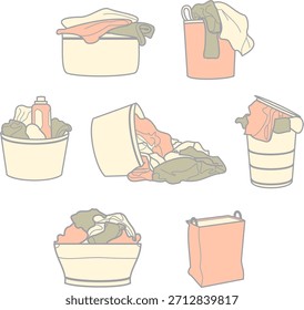 Se representan varias cestas de lavandería y contenedores rebosantes de ropa y algunos productos de limpieza.