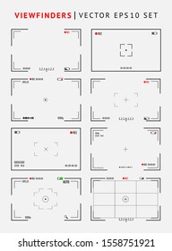Various layouts of camera screens or displays with frames, figures and battery symbol. Camcorder viewfinder set. Vector illustration for your graphic design.