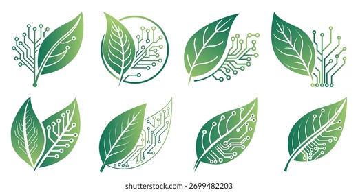 Various leaf designs showcase intricate patterns of circuits and technology, emphasizing the connection between nature and modern advancements. The designs represent sustainability and innovation.