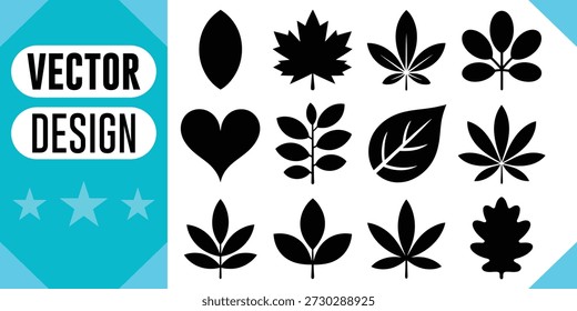 Various leaf silhouettes and heart symbol maple leaf