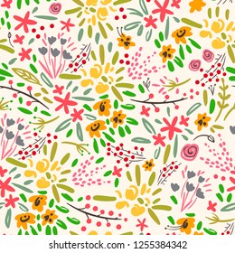 Various leaves, branches and flowers. Ethnic style. Hand drawn vector seamless pattern. Beige background