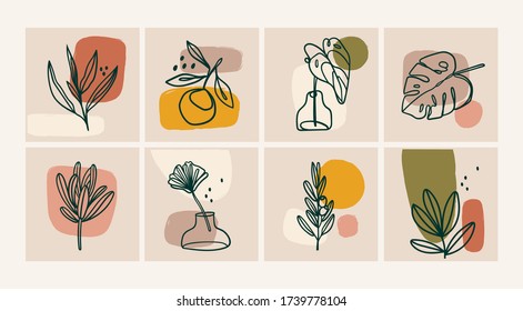 Various Leaves and Flowers, abstract shapes. Ink painting style. Contemporary Hand drawn Vector illustrations. Continuous line, minimalistic elegant concept. All elements are isolated
