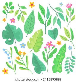 Various leaves and flowers. Leaves of different shapes, branches, spring flowers. Cute little flowers. Elements for cards, design, patterns.