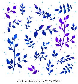 various leaves in watercolor. Hand-painted watercolor design elements.