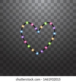 Various LED stripes with heart one line on transparent background, glowing LED garlands. Set of pink, yellow, purple, blue, green glowing decorative tapes of diode ecological lamps light effect for ba