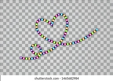 Various LED stripes with heart one line on transparent background, glowing LED garlands. Set of pink, yellow, purple, blue, green glowing decorative tapes of diode ecological lamps light effect for ba