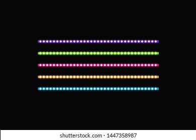 Various LED stripes on a black background, glowing LED garlands. Set of pink, yellow, purple, blue, green glowing decorative tapes of diode ecological lamps light effect for banners, web-sites.