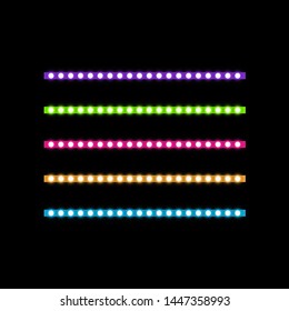 Various LED stripes on a black background, glowing LED garlands. Set of pink, yellow, purple, blue, green glowing decorative tapes of diode ecological lamps light effect for banners, web-sites.