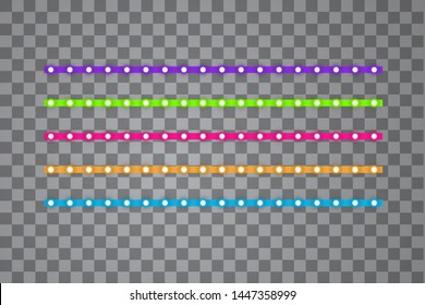 Various LED stripes on transparent background, glowing LED garlands. Set of pink, yellow, purple, blue, green glowing decorative tapes of diode ecological lamps light effect for banners, web-sites.