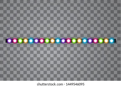 Various LED stripes on transparent background, glowing LED garlands. Set of pink, yellow, purple, blue, green glowing decorative tapes of diode ecological lamps light effect for banners, web-sites.