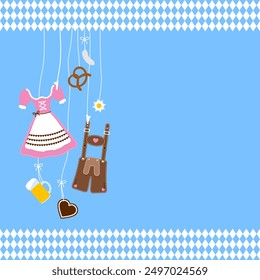Various Left Hanging Oktoberfest Symbols And Border Pattern Pink Brown Blue Background