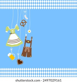 Various Left Hanging Oktoberfest Symbols And Border Pattern Green Brown Blue Background
