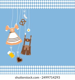 Various Left Hanging Oktoberfest Symbols And Border Pattern Orange Brown Blue Background