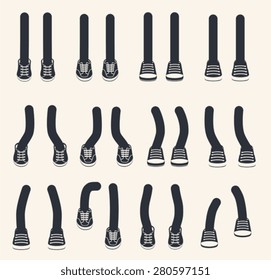 Various legs in shoe, walking feet sneakers in various positions