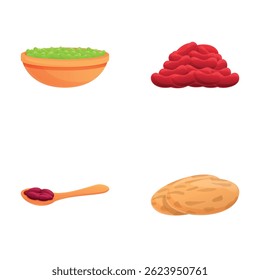 Vários ícones de legumes definem o vetor de desenhos animados. Feijão e ervilhas. Leguminosas, conceito alimentar
