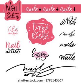 Various lettering options nail. Set of handwritten lettering and stickers for nails and manicure, lettering and calligraphy. Inspiration quote for a nail salon. Vector illustration
