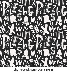 Various letters seamless pattern in hand-drawn typographic style. White print on black background. Vector illustration