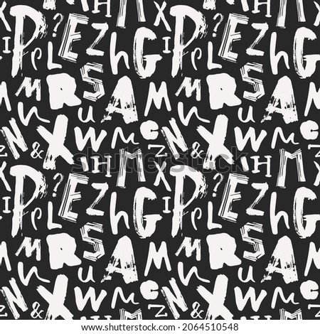 Various letters seamless pattern in hand-drawn typographic style. White print on black background. Vector illustration