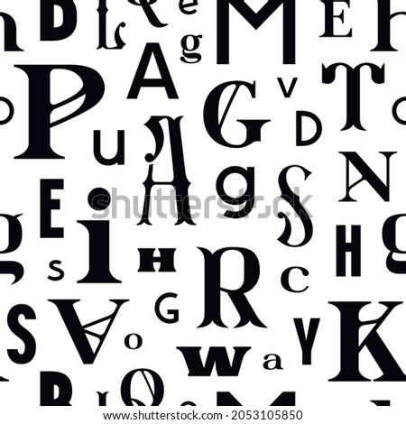 Various letters seamless pattern in typographic style. Black print on white background. Vector illustration