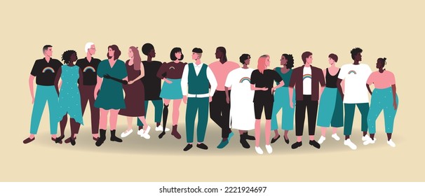 Various LGBTQ people together, flat vector stock illustration with homosexuals, lesbians, non-binary personas