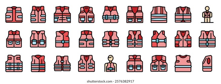 Various life vest icons representing different styles and designs of personal flotation devices - pfds - for water safety and rescue