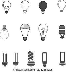Diversos iconos de la bombilla. Incandescencia estándar y halógena, bombilla fluorescente y LED. Vector.