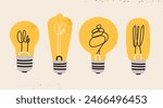 Various Light bulbs. Cartoon flat style. Idea, creativity, innovation, inspiration, invention concept. Hand drawn modern Vector illustration. Isolated design elements