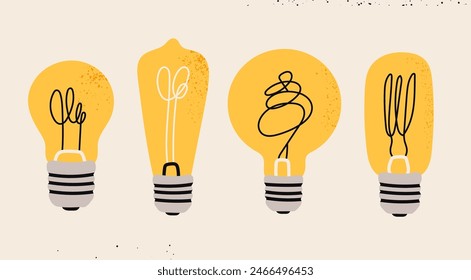 Various Light bulbs. Cartoon flat style. Idea, creativity, innovation, inspiration, invention concept. Hand drawn modern Vector illustration. Isolated design elements