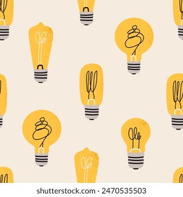 Various Light bulbs. Cartoon flat style. Idea, creativity, innovation, inspiration, invention concept. Hand drawn modern Vector illustration. Square seamless Pattern, background, wallpaper