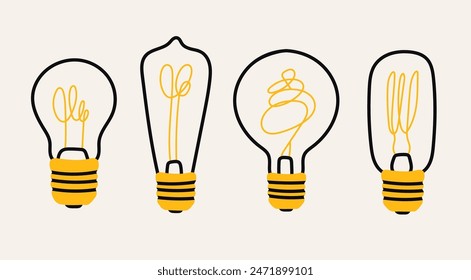 Various Light bulbs. Cartoon flat style. Idea, creativity, innovation, inspiration, invention concept. Hand drawn modern Vector illustration. Isolated design elements