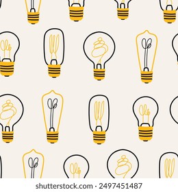 Various Light bulbs. Cartoon flat style. Idea, creativity, innovation, inspiration, invention concept. Hand drawn modern Vector illustration. Square seamless Pattern, background, wallpaper