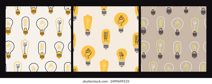 Various Light bulbs. Cartoon flat style. Idea, creativity, innovation, inspiration, invention concept. Hand drawn modern Vector illustration. Set of three seamless Patterns. Background, wallpaper