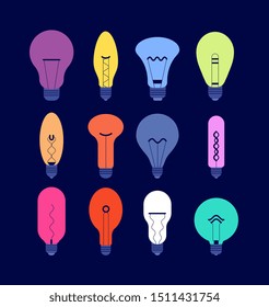 Various light bulbs. Creative idea colourful bulbs, minimal lamps vector isolated set