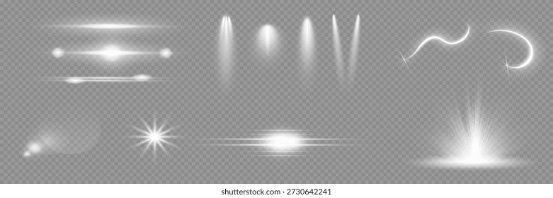 Various light effects on a transparent background. They have the form of symmetrical rays, reminiscent of twinkling stars. For decorating dynamic scenes or adding movement.