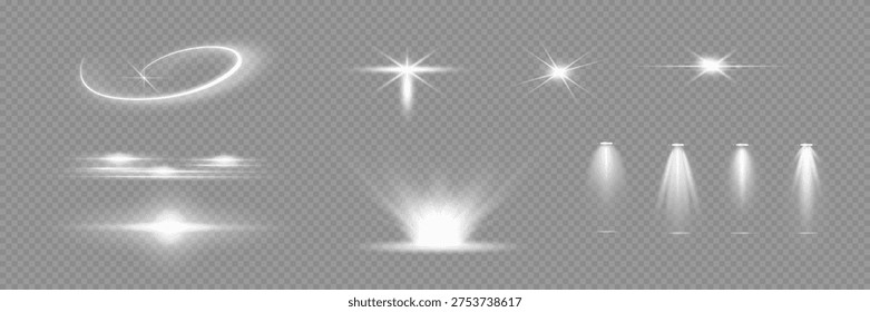 Various light effects on a transparent background. They have the form of symmetrical rays, reminiscent of twinkling stars. For decorating dynamic scenes or adding movement.