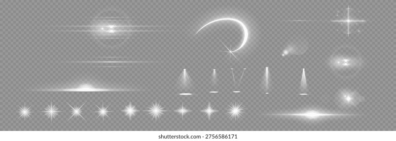 Various light effects on a transparent background. They have the form of symmetrical rays, reminiscent of twinkling stars. For decorating dynamic scenes or adding movement.