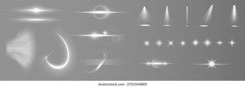 Various light effects on a transparent background. They have the form of symmetrical rays, reminiscent of twinkling stars. For decorating dynamic scenes or adding movement.