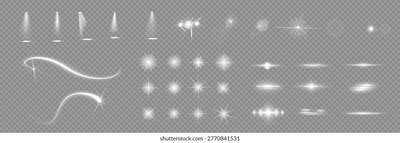 Various light effects on a transparent background. They have the form of symmetrical rays, reminiscent of twinkling stars. For decorating dynamic scenes or adding movement.