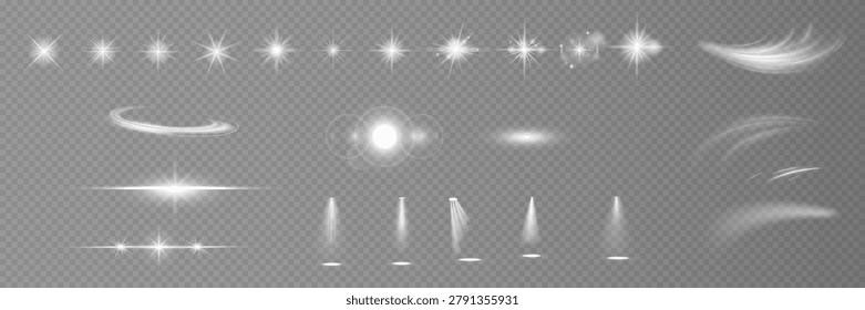 Various light effects on a transparent background. They have the form of symmetrical rays, reminiscent of twinkling stars. For decorating dynamic scenes or adding movement.