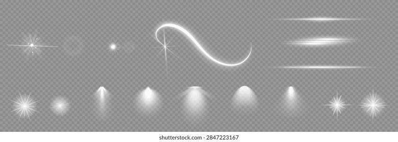 Various light effects on a transparent background. They have the form of symmetrical rays, reminiscent of twinkling stars. For decorating dynamic scenes or adding movement.